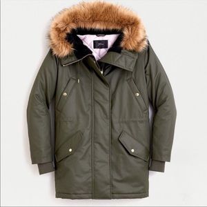 J.Crew Olive Green Parka with Removable Faux Fur Trim